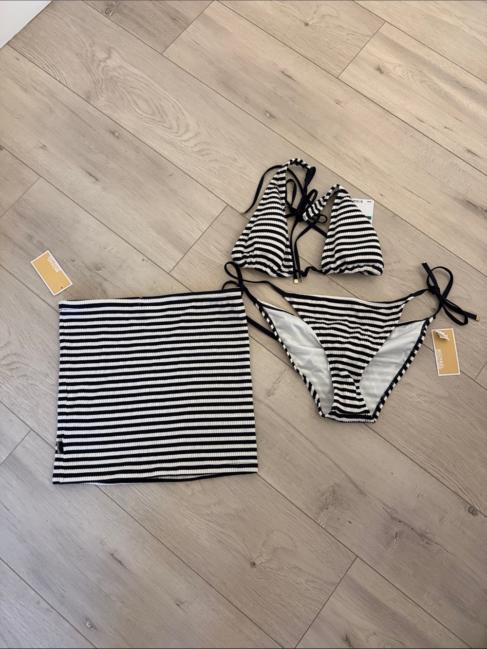 Navy & White Striped Triangle Bikini Set with Cover-Up Skirt
